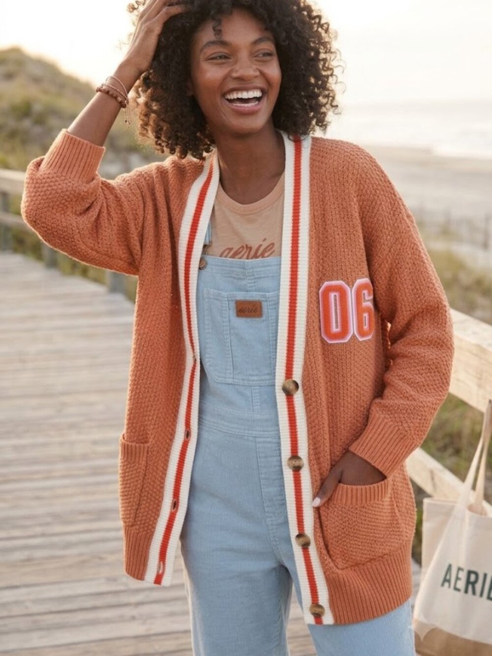 Aerie NEW Oversized Varsity Golden brown Letterman Boyfriend Sweater Cardigan XS